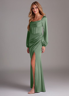 Azazie Charissa Bridesmaid Dresses Matcha Sheath Long Sleeve Stretch Satin Dress image5