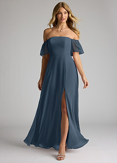 Azazie Sue Abiti da Damigella Abito Convertibile A-Line in Chiffon a Spalla Scoperta Blu Nettuno image1