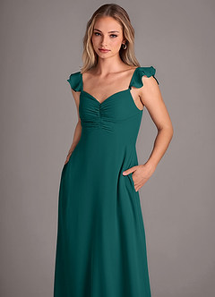 Azazie Kaylyn Abiti da Damigella Abito A-Line in Chiffon Increspato Verde Pavone image2