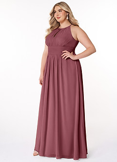 Azazie Bonnie Brautjungfernkleider A-Linie Schlüsselloch Gerüscht Chiffon Kleid Wüstenrose image8
