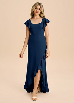 Azazie Demi Junior Vestido de Azul Marino Oscuro de Satén Elástico de Corte Sirena con Lazo image3