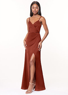 Azazie Maci Bridesmaid Dresses Terracotta A-Line V-Neck Pleated Stretch Satin Dress image3