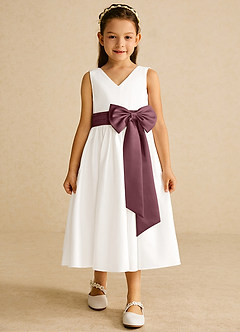 Azazie Darling Flower Girl Dresses Ivory Sangria A-Line Bow Cotton Dress image4