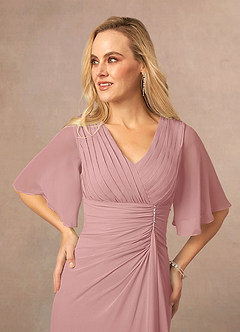 Azazie Carson Mother of the Bride Dresses Dusty Rose A-Line V-Neck Lace Chiffon Dress image4