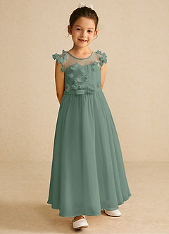 Azazie Arlo Flower Girl Dresses Eucalyptus A-Line Bow Chiffon Dress image4