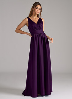 Azazie Kora Bridesmaid Dresses Grape A-Line Pleated Stretch Satin Dress image3