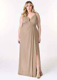 Azazie Maren Allure Bridesmaid Dresses Taupe A-Line V-Neck Lace Chiffon Dress image6