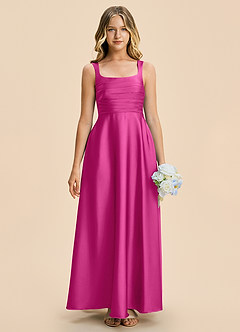 Azazie Azaria Junior Fuchsia A-Line Pleated Stretch Satin Dress image3
