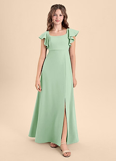 Azazie Bondi Junior Abito A-Line in Crepe Elasticizzato Spacco Laterale Verde Salvia image3
