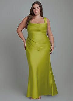 Azazie Agustina Vestidos de damas de honor Vestido Hierba De Limón de Satén Elástico de Corte Sirena con Corsé image7