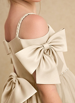 Azazie Amie Flower Girl Dresses Champagne A-Line Off the Shoulder Matte Satin Dress image7