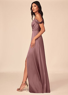 Azazie Ocean Bridesmaid Dresses Vintage Mauve A-Line V-Neck Pleated Stretch Satin Dress image3