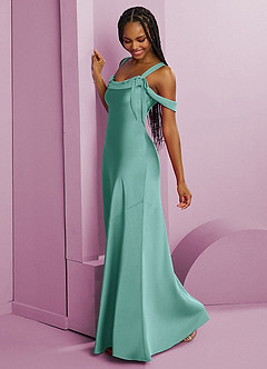 Barbie ♥ Azazie Bridesmaid Dresses Aqua Sheath Pleated Stretch Satin Dress image11