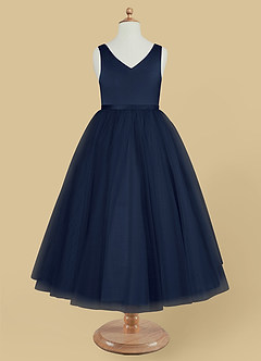 Azazie Marybell Flower Girl Dresses Dark Navy A-Line Bow Tulle Dress image5