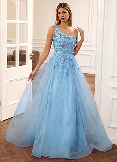 Felicite Sky Blue Floral A-line Tulle Sequin One Shoulder Glitter Prom Dress image4