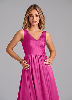 Azazie Keyla Bridesmaid Dresses Fuchsia A-Line Pleated Stretch Satin Dress image3