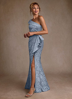 Azazie Hampton Venta Final Vestido de Azul Polvoriento de Devorado Floral de Corte Sirena con Hombro unilateral image2