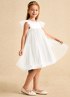 Azazie Munchkin Flower Girl Dresses Ivory Ganache A-Line Bow Tulle Dress image4