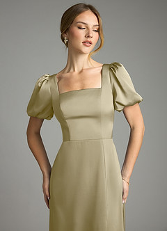 Azazie Fyona 신부 들러리 드레스 A라인 주름진 스트레치 새틴 바닥 길이 드레스 image6