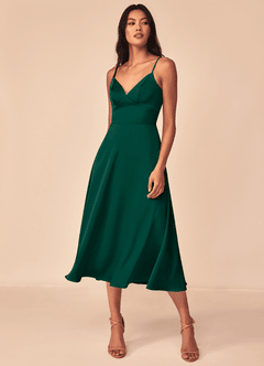 Azazie Dottie Robes de demoiselle d'honneur Robe Trapèze en Satin extensible émeraude image3