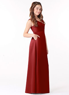 Azazie Sadia Junior Pomegranate A-Line Pleated Stretch Satin Dress image2