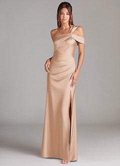 Azazie Wynter Bridesmaid Dresses English Rose Sheath Off the Shoulder Stretch Satin Dress image1