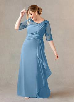 Azazie Dionysus vestidos de madre de la novia Vestido de Azul Acero de Gasa de Corte En A con Encaje cuello barco image8