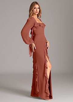 Azazie Candice Brautjungfernkleider A-Linie Langarm Chiffon Kleid Rotbraun image6