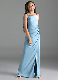 Azazie Leonis Junior Steel Blue A-Line Pleated Stretch Satin Dress image3