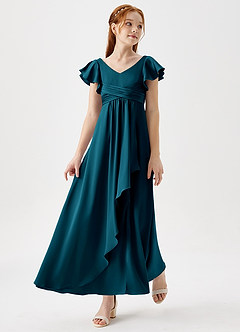 Azazie Omari Junior Ink Blue A-Line Pleated Stretch Satin Dress image3