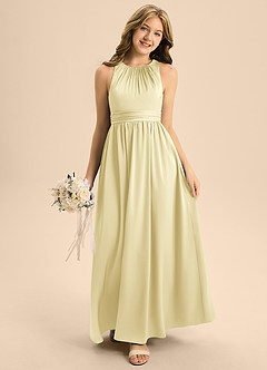 Azazie Jaylah Junior Lemon Sorbet A-Line Pleated Stretch Satin Dress image3