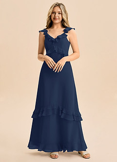 Azazie Tavie Junior Vestido de Azul Marino Oscuro de Gasa de Corte en A con Volante image5