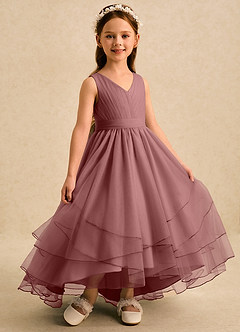 Azazie Seraphina vestidos de niña de las flores Vestido Rosa Del Desierto de Tul de Corte en A con Plisado image3