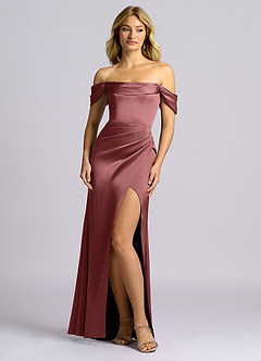 Azazie Auden Suknie dla druhen Osłona Zza ramienia Satyna elastyczna Do ziemi Sukienka image1