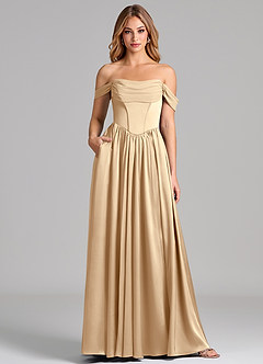 Azazie Raisa Bridesmaid Dresses Champagne A-Line Off the Shoulder Stretch Satin Dress image1