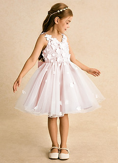 Azazie Junebug vestidos de niña de las flores Vestido de Marfil Rosa Ruborizado de Tul de Princesa con Encaje image4