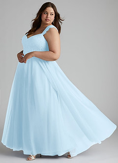 Azazie Luxi Vestidos de damas de honor Vestido de Azul Cielo de Tul de Corte en A con Plisado image9