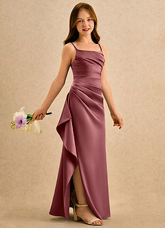 Azazie Cannoli Girls Formal Blomsterpigekjoler A-Line Plisseret Mat satin Gulv-længde Kjole image1