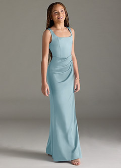 Azazie Mero Junior Moody Blue Mermaid Pleated Stretch Satin Dress image3