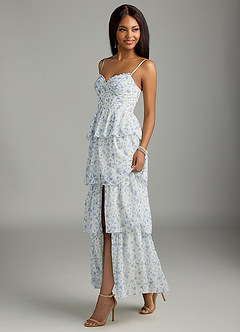 Azazie Kaiden Bridesmaid Dresses Blue And White Ditsy Floral A-Line Sweetheart Neckline Chiffon Dress image10