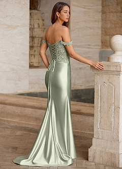 Linange Hellgrün Off-Shoulder Spitzen-Korsett Satin-Kleid mit Schlitz image4