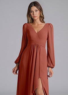 Azazie Liah Bridesmaid Dresses Auburn A-Line Long Sleeve Chiffon Dress image6