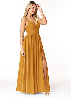 Azazie Dominic Bridesmaid Dresses Butterscotch A-Line V-Neck Pleated Chiffon Dress image4