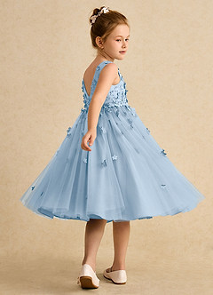 Azazie Lana Blumenmädchenkleider A-Linie ärmellos Matte Satin Kleid Puderblau image4