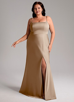 Azazie Lidia Bridesmaid Dresses Taupe Mermaid Side Slit Stretch Satin Dress image3