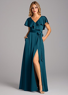 Azazie Lainey Robes de demoiselle d'honneur Robe Trapèze en Satin extensible avec poches Bleu Encre image4