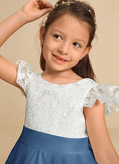 Azazie Vetty Flower Girl Dresses Ivory Steel Blue A-Line Lace Tulle Dress image8