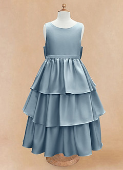 Azazie Margie Flower Girl Dresses Dusty Blue A-Line Bow Stretch Satin Dress image4