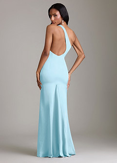 Azazie Voni Probar vestidos en casa Vestido de Azul Cielo de Satén Elástico de Corte Sirena con Hombro unilateral image2