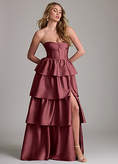 Azazie Faye Bridesmaid Dresses Merlot A-Line Ruched Stretch Satin Dress image4